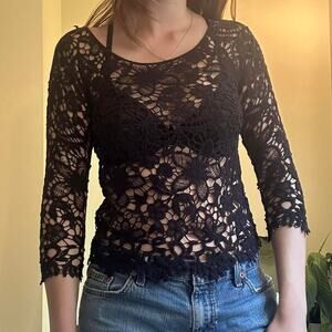 Delias black crochet 3/4 sleeve boho top with formal design size XS
